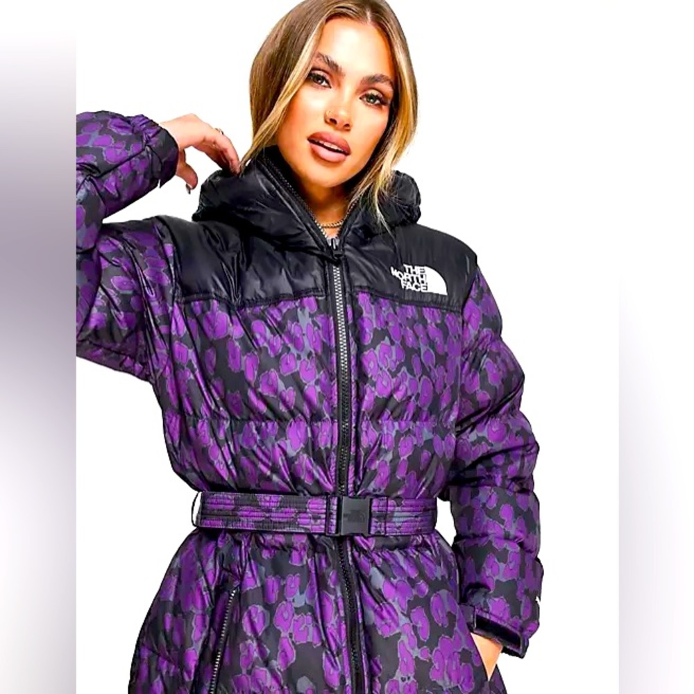 The north face Nuptse belted mid puffer purple leopard print. Medium